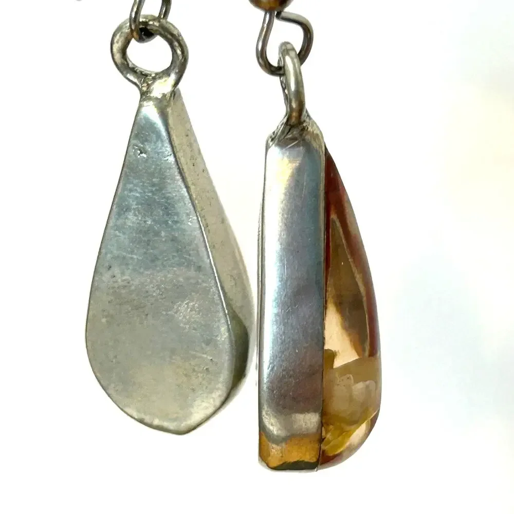 Vintage Dried Flower Resin Drop Sterling Bezel‎ Earrings